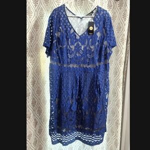 chic Royal Blue Lace Midi Dress with V-Neck